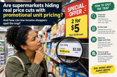 Are supermarkets hiding real price cuts with promotional unit pricing and how can low-income shoppers spot the trap