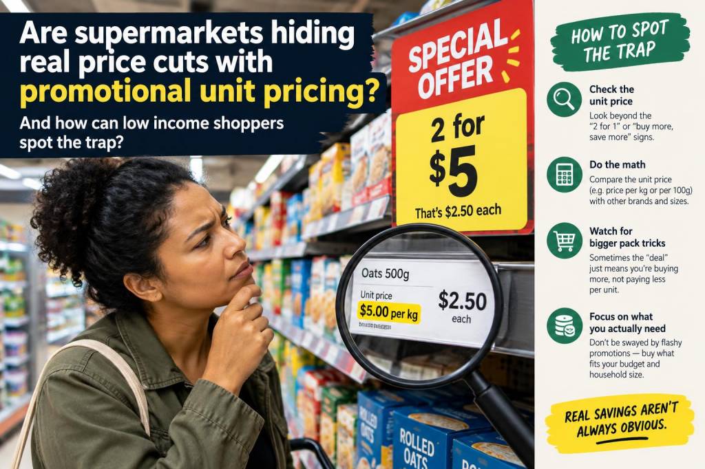 Are supermarkets hiding real price cuts with promotional unit pricing and how can low-income shoppers spot the trap